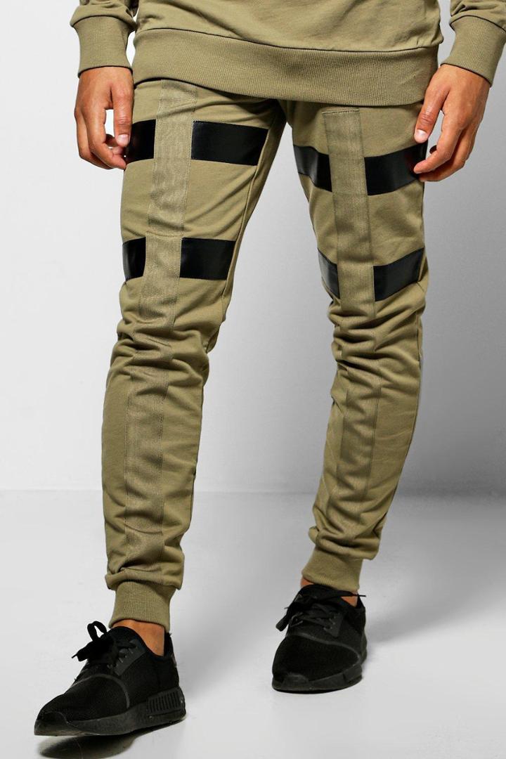 Boohoo Skinny Fit Colour Block Joggers With Tape Khaki