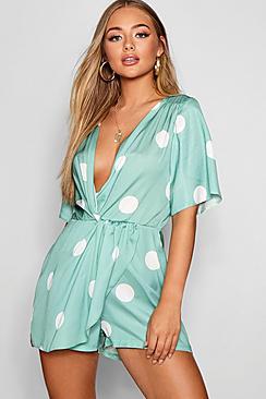 Boohoo Twist Wrap Front Polka Dot Playsuit