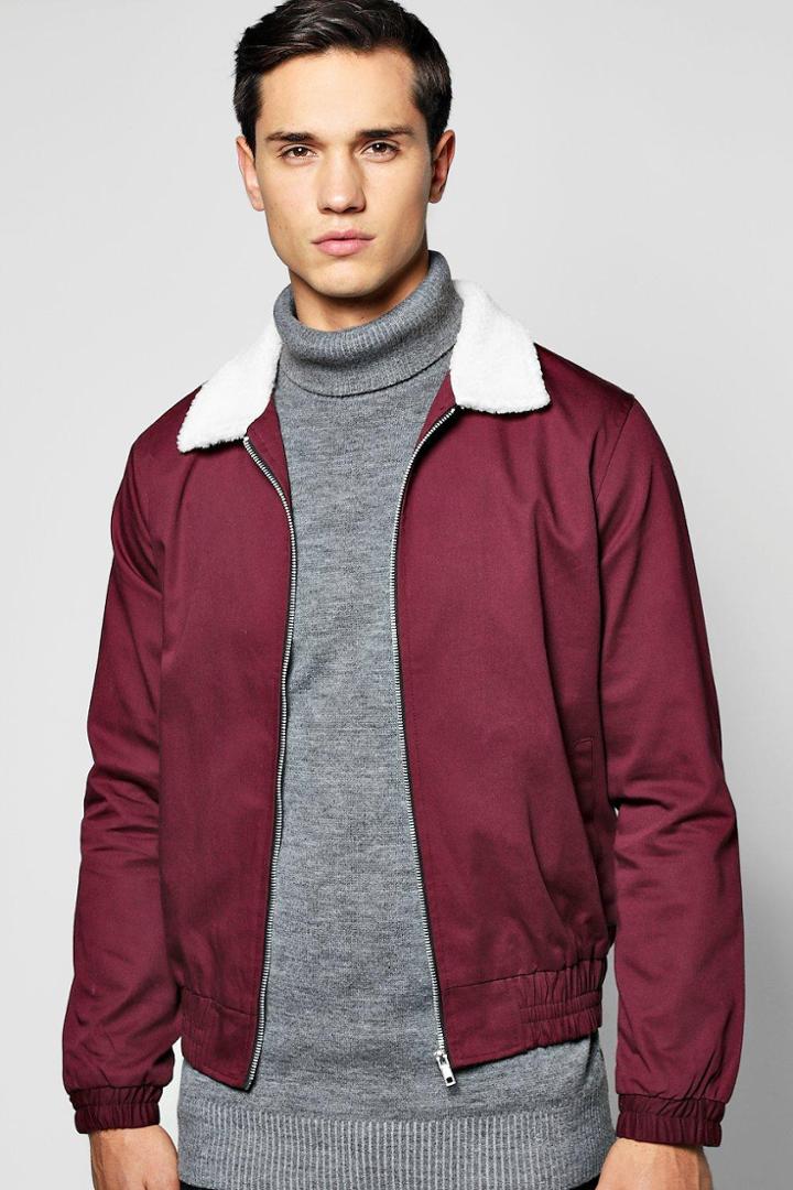 Boohoo Borg Collar Harrington Jacket With Zip Pockets Wine