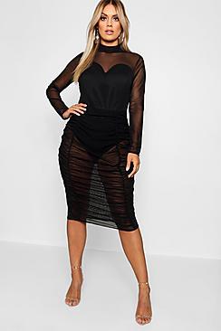 Boohoo Plus Mesh Ruched Detail Midi Dress