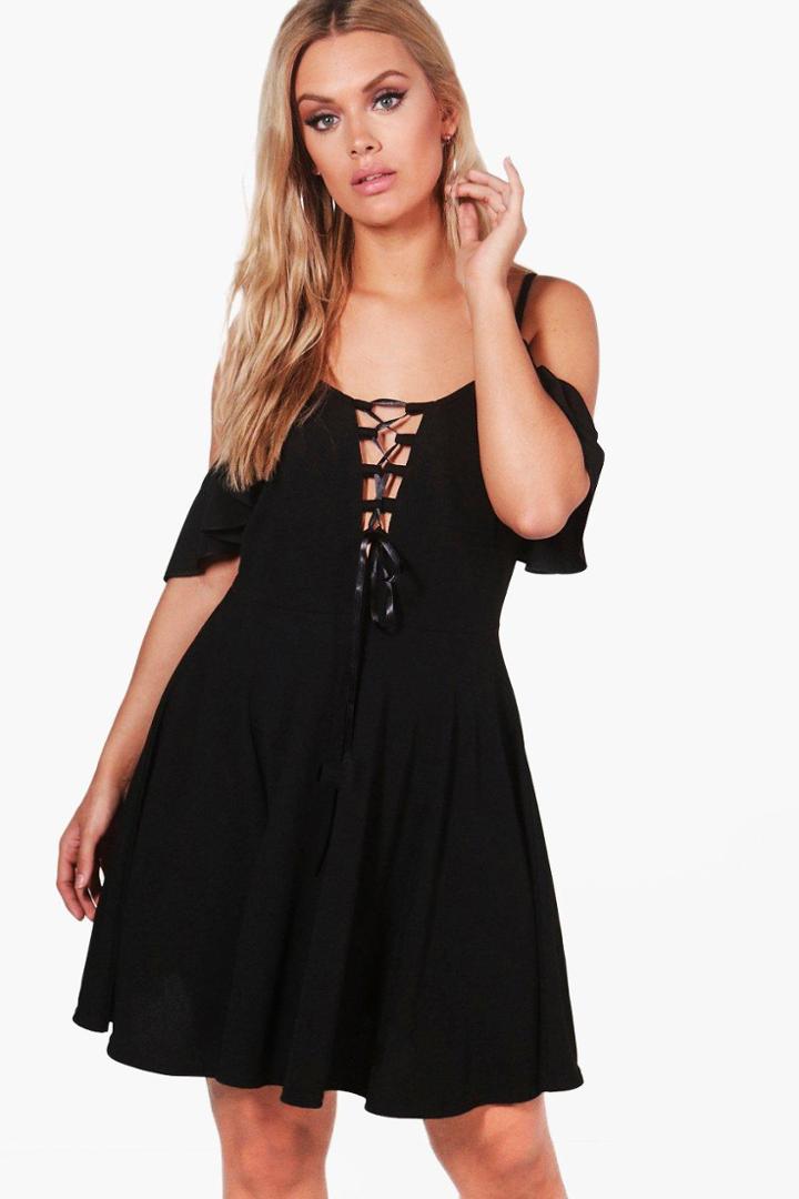 Boohoo Plus Yasmin Drape Sleeve Tie Front Skater Dress Black