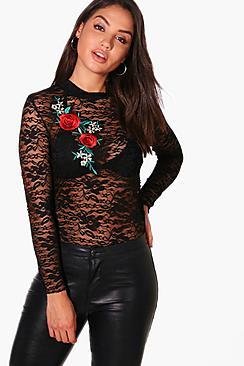 Boohoo Eliza Lace Applique High Neck Top