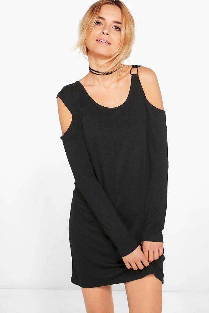 Boohoo Olive D-ring Detail Cold Shoulder Shift Dress Black