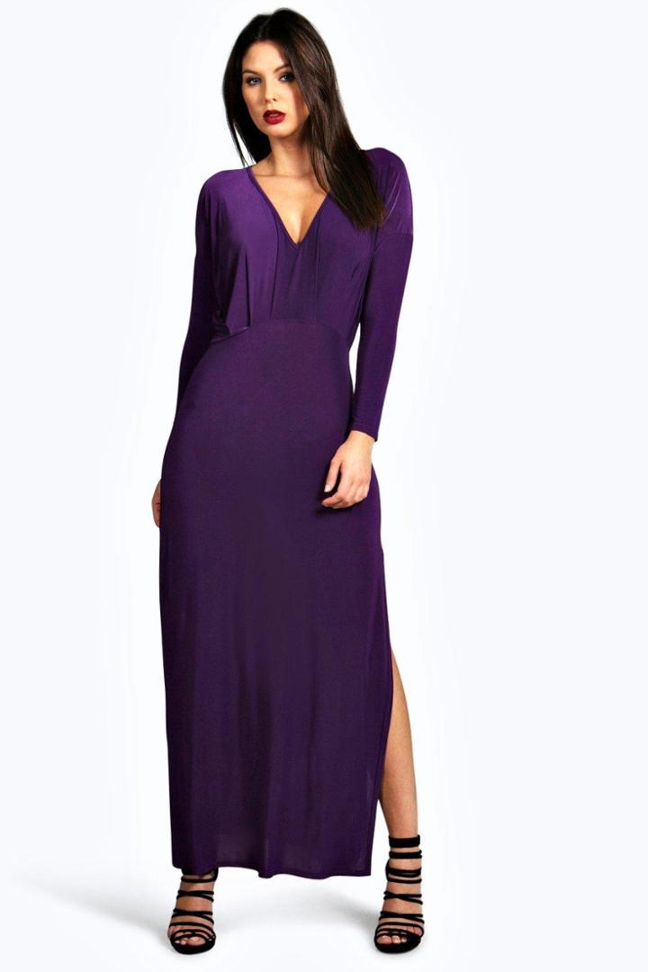 Boohoo Leah Slinky Plunge Neck Long Sleeve Maxi Dress Plum