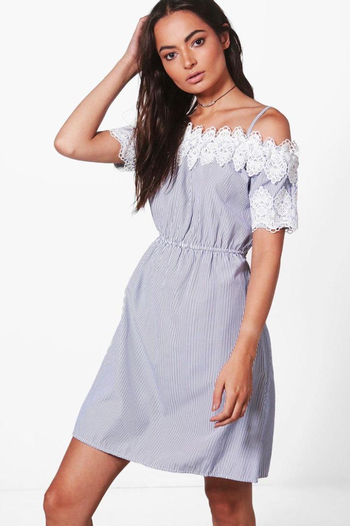 Boohoo Sallie Stripe Bardot Lace Trim Dress Blue