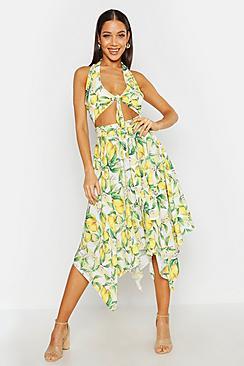 Boohoo Lemon Stripe Hanky Hem Midi Skater Skirt