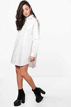 Boohoo Ashlee Lace Up Sleeve Shirt Dress