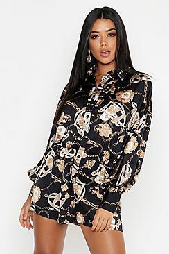 Boohoo Chain Print Balloon Sleeve Playsuit