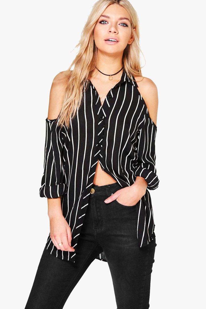 Boohoo Summer Cold Shoulder Striped Shirt Black