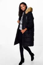 Boohoo Boutique Lucy Duvet Coat With Faux Fur Hood Black