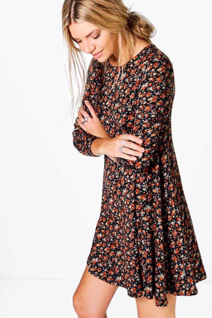 Boohoo Lara Ditsy Brushed Knit Floral Swing Dress Black