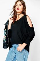 Boohoo Plus Hanna Cut Out Shoulder Long Sleeve Top Black