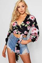 Boohoo Lola Ruched Sleeve Floral Tie Front Top