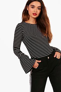 Boohoo Petite Lottie Striped Frill Sleeve Top