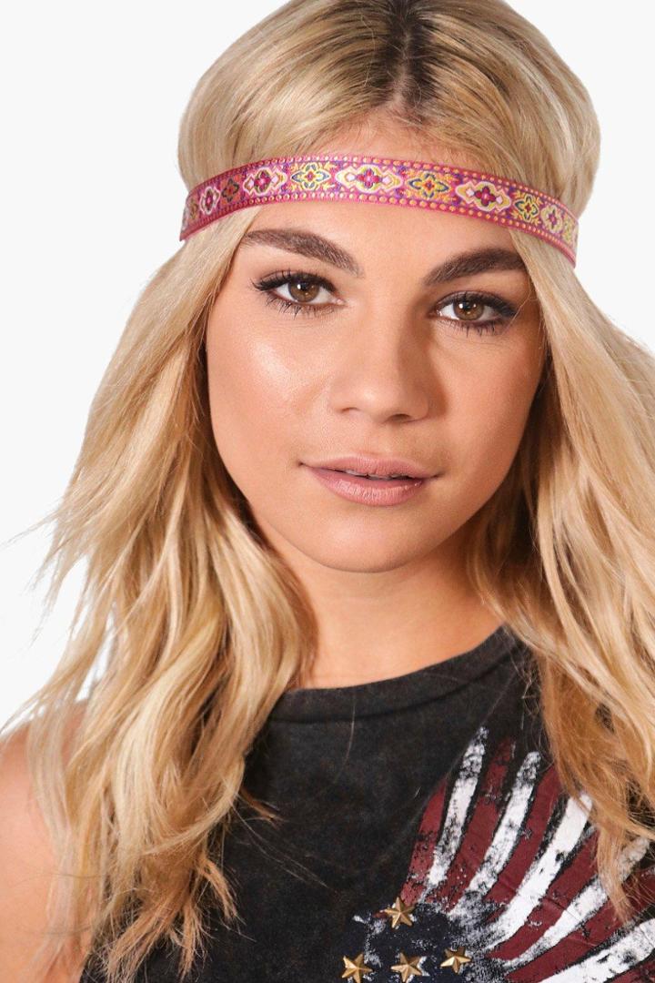 Boohoo Robyn Folk Embroidered Stretch Headband Pink
