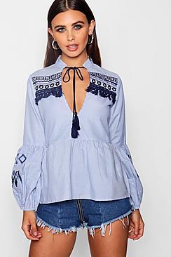 Boohoo Petite Mia Stripe Embroidered Peplum Shirt