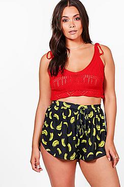 Boohoo Plus Kerry Banana Print Tie Waist Runner Short