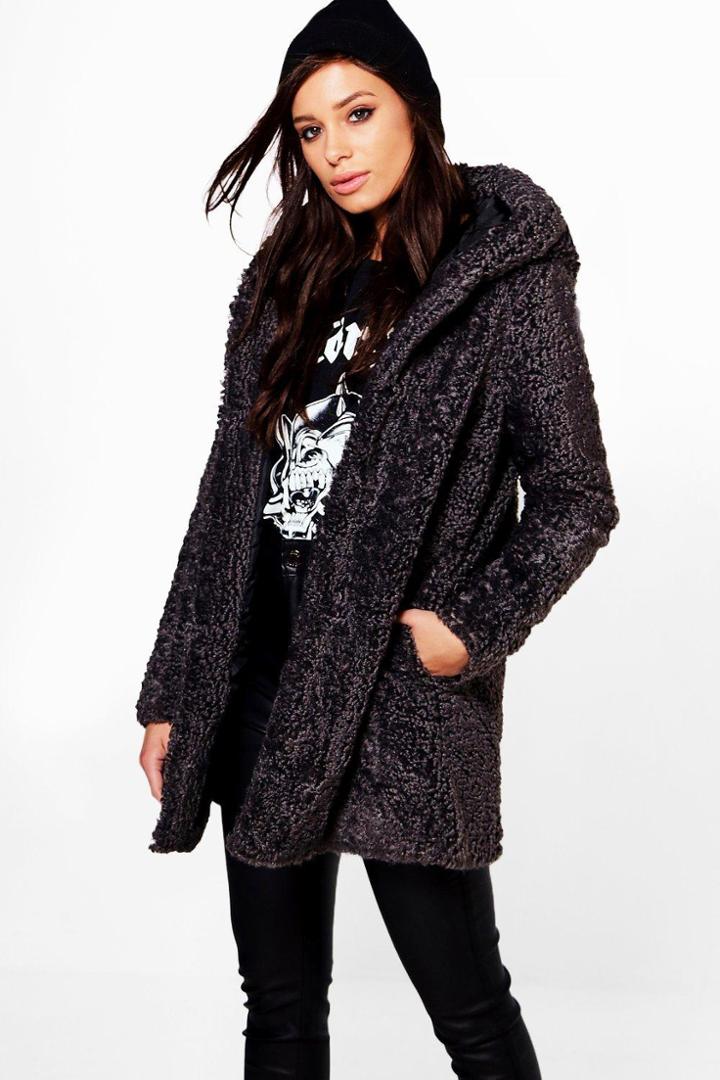 Boohoo Boutique Maya Hooded Textured Faux Fur Coat Black