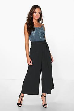 Boohoo Tie Waist Woven Wide Leg Crop Trousers