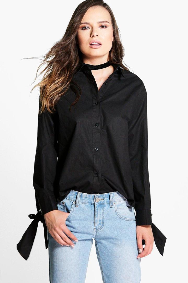Boohoo Daisy Tie Detail Cuff Shirt Black