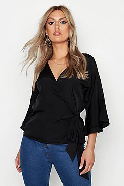 Boohoo Plus Tiered Sleeve Tie Waist Wrap Blouse