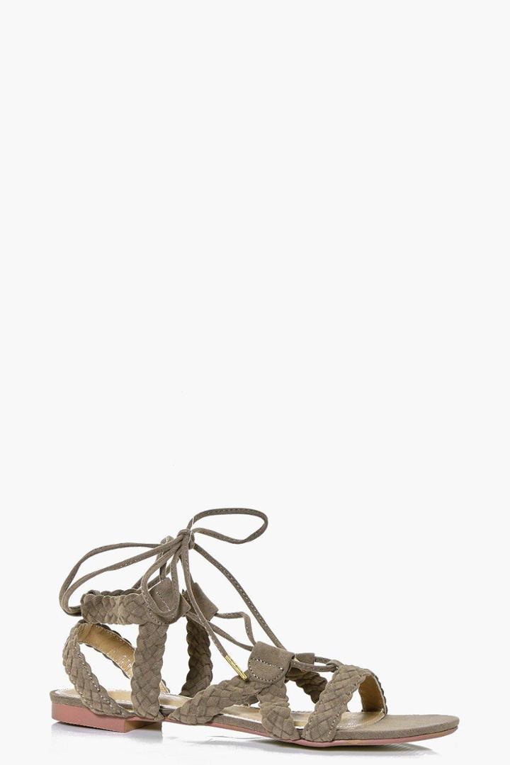 Boohoo Victoria Plaited Lace Up Sandal Khaki