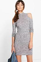 Boohoo Amy Rib Knit Cold Shoulder Knitted Dress Charcoal
