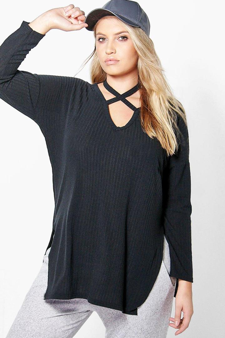 Boohoo Plus Julia Cross Neck Strap Rib Top Black