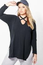 Boohoo Plus Julia Cross Neck Strap Rib Top Black