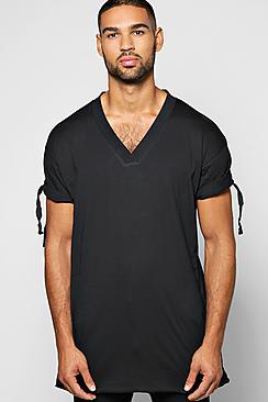 Boohoo Longline Tie Turn Up Sleeved Tee