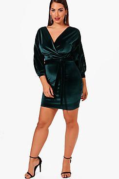 Boohoo Plus Tie Waist Velvet Wrap Dress
