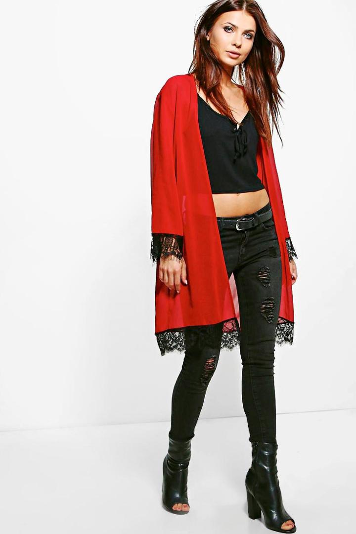 Boohoo Lexi Lace Trim Kimono Wine