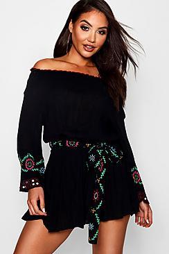 Boohoo Polly Tassel Trim Embroidered Off Shoulder Dress