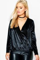 Boohoo Plus Melody Rib Velvet Wrap Front Top Black