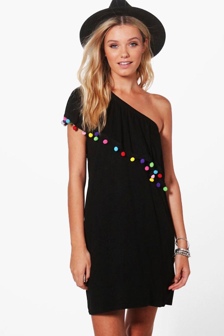 Boohoo Ciara One Shoulder Pom Pom Shift Dress Black