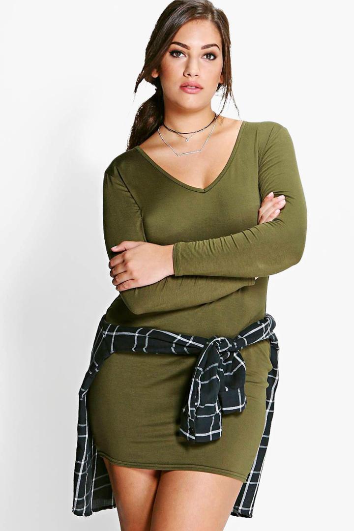 Boohoo Plus Anya Basic Long Sleeved Mini Bodycon Dress Khaki