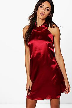 Boohoo Francis Satin High Neck Shift Dress