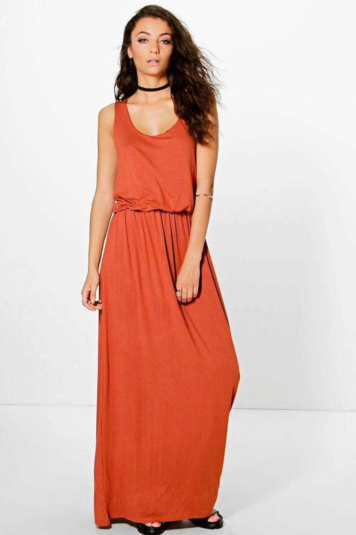 Boohoo Tall Dalia Rouched Plunge Waist Maxi Dress Rust