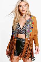 Boohoo Karina Embellished Pom Pom Tassel Jacket Tan