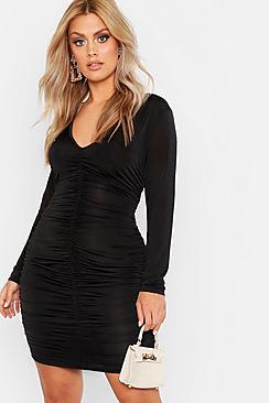 Boohoo Plus Ruched Plunge Bodycon Dress