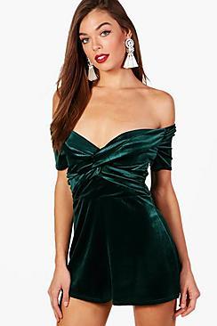Boohoo Velvet Off The Shoulder Playsuit
