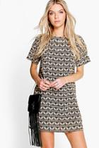 Boohoo Doina Geo Print Shift Dress Nude