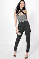 Boohoo Ava Mono Stripe Zip Front Cross Over Jumpsuit