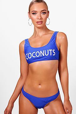Boohoo Algarve Coconuts Slogan High Leg Crop Bikini