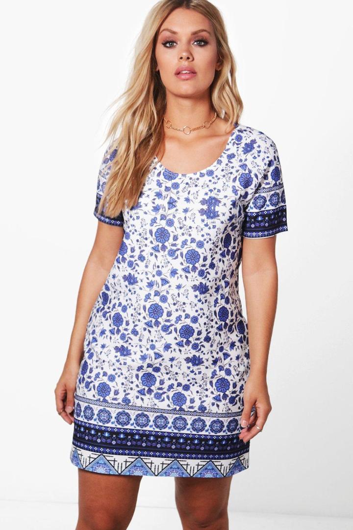 Boohoo Plus Orla Floral Printed Shift Dress Blue