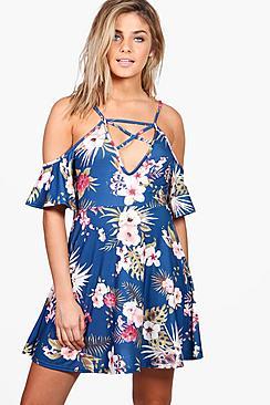 Boohoo Lola Floral Strappy Cold Shoulder Skater Dress