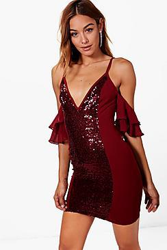 Boohoo Ivy Sequin Panel Cold Shoulder Bodycon Dress