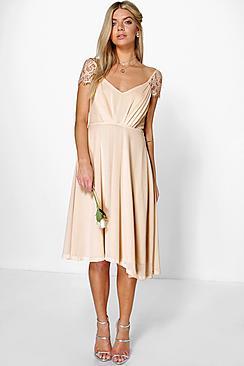 Boohoo Peony Eyelash Lace Sleeve Chiffon Midi Skater Dress