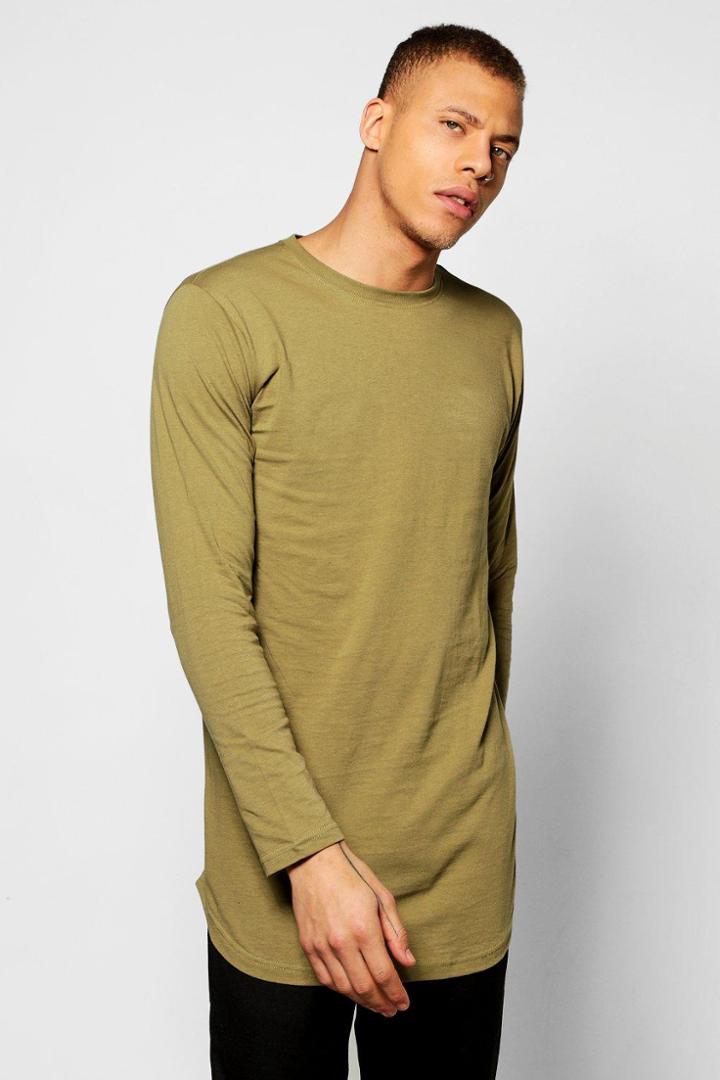 Boohoo Long Sleeve Longline T Shirt With Scoop Hem Khaki