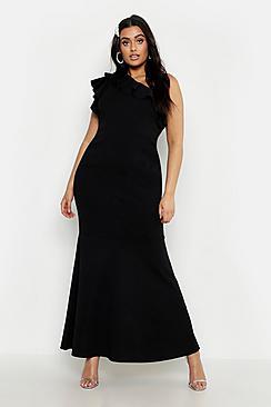 Boohoo Plus One Shoulder Ruffle Maxi Dress
